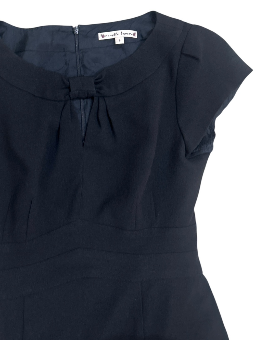 Nanette Lepore Black Fit-and-Flare Dress Bow Neckline cap sleeve lined size 6 - Picture 8 of 10